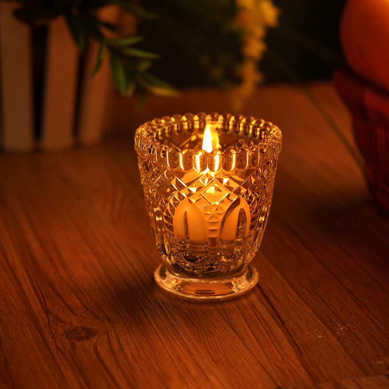 Embossed Flower Pattern Clear Glass Candle Holder