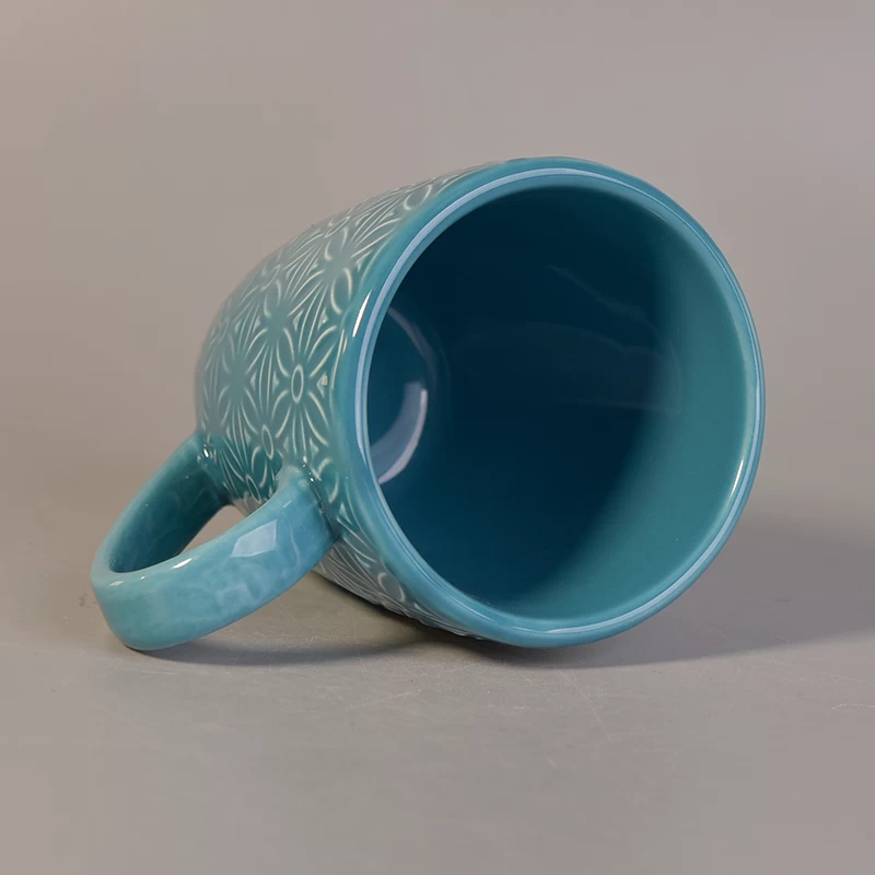287ml Blue Glazed Ceramic Drinking Mug Candle Holders with Flower Design