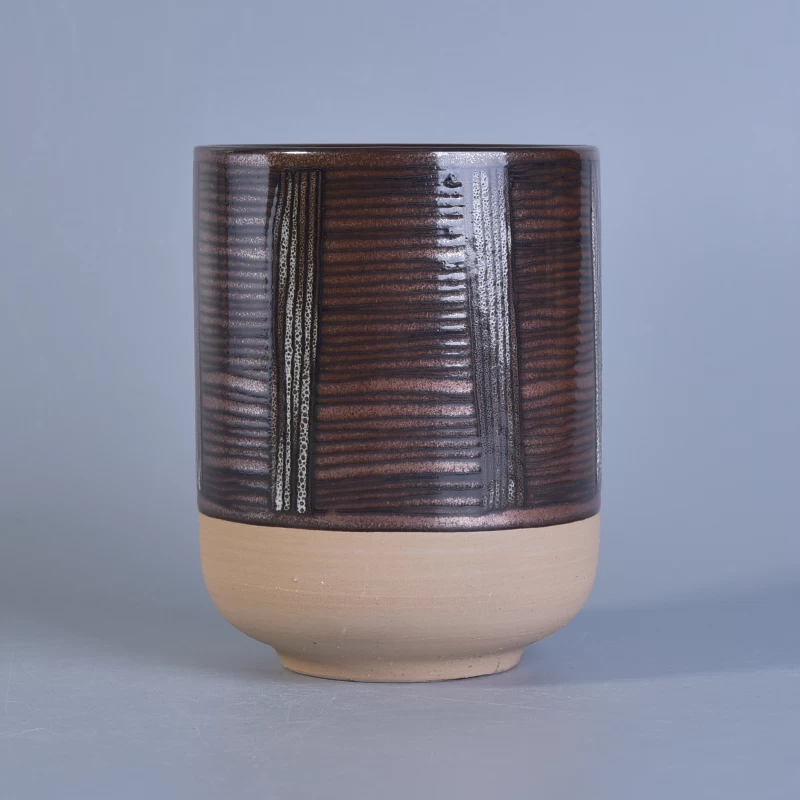 Handmade round ceramic candle jars with hand paitning lines decoration