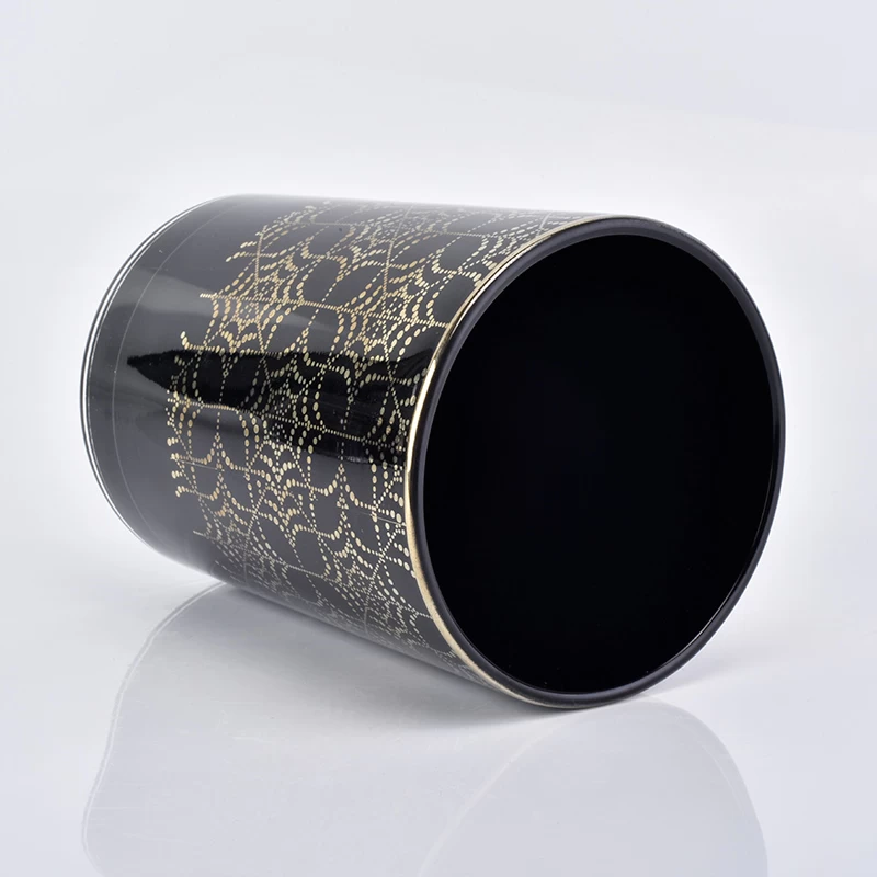 glossy black glass candle holder with gold prints