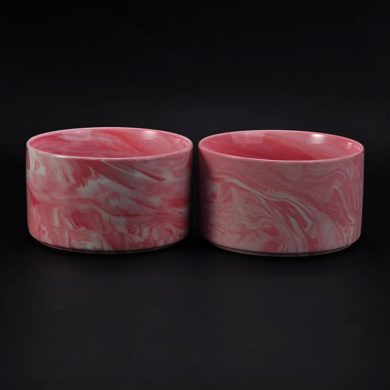 Round Ceramic Candle Container Marbel Pattern in Pink