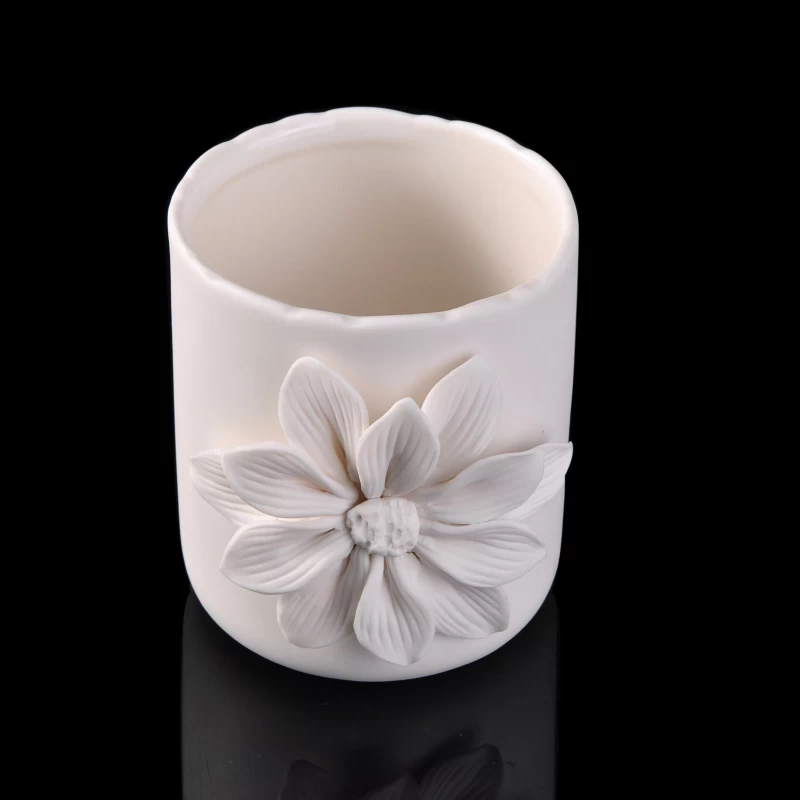 Hot Sale Round Cylinder Embossed White Flower Ceramic Candle Holder