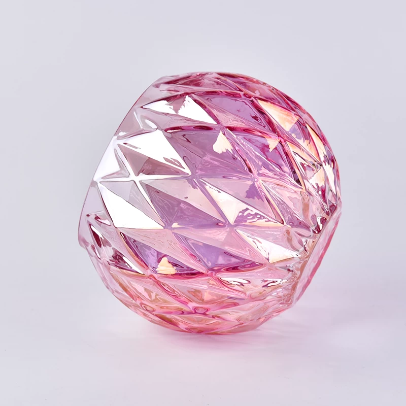 Iridescent pink ball shape glass candle holder