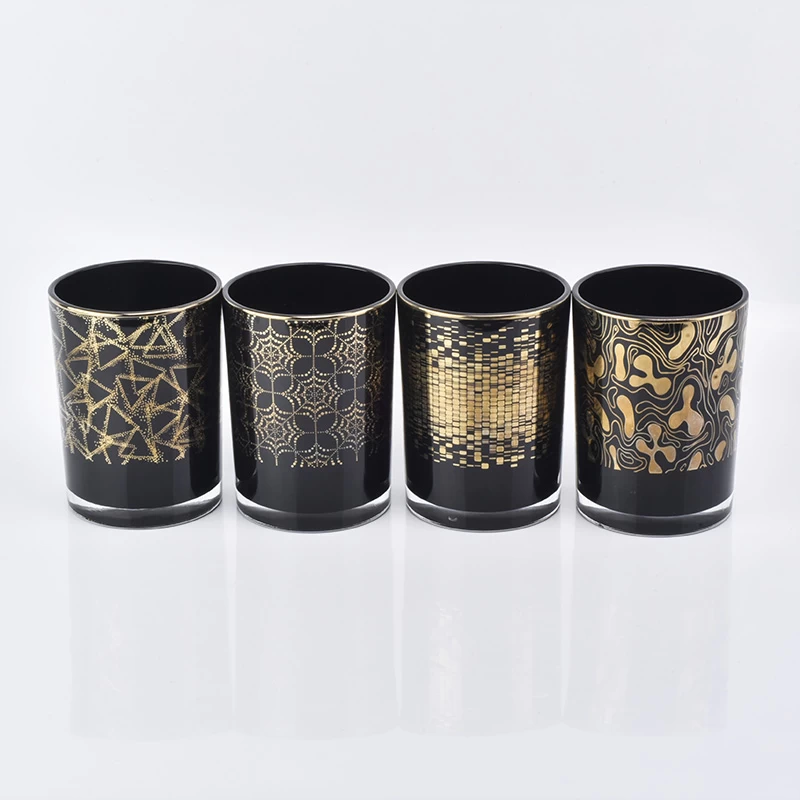 glossy black glass candle holder with gold prints