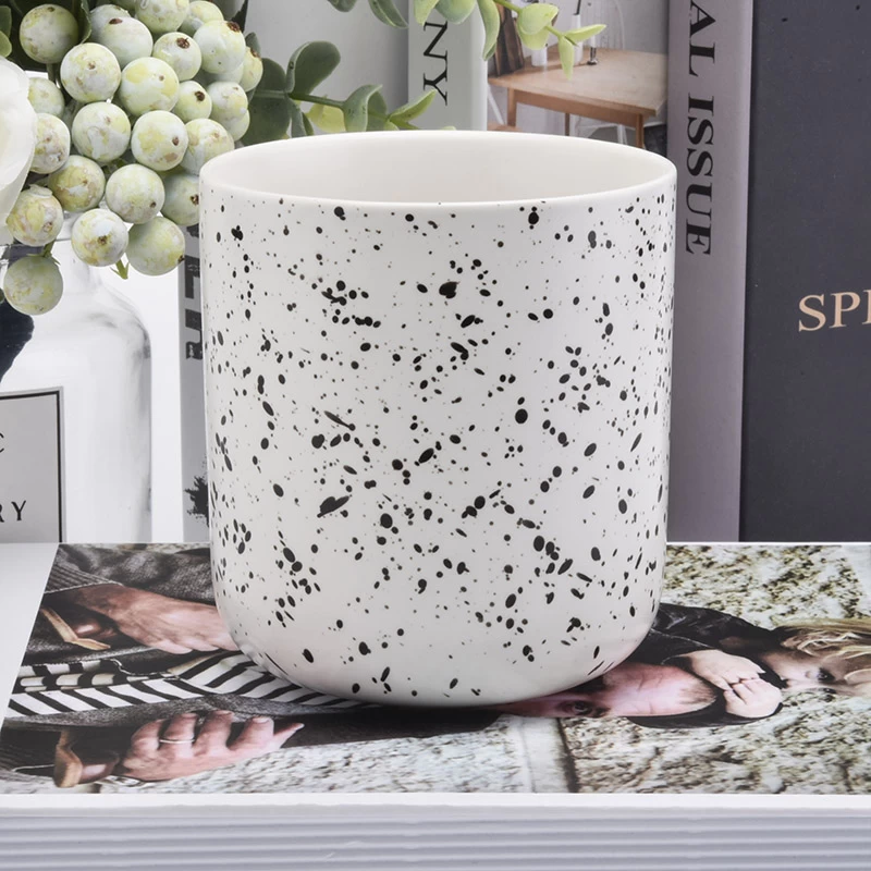 Matte White Ceramic Candle Vessels With Black Speckles