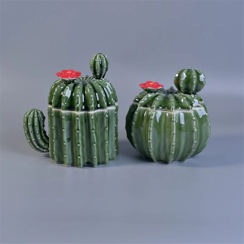 Custom cactus ceramic scented candle jar with lids