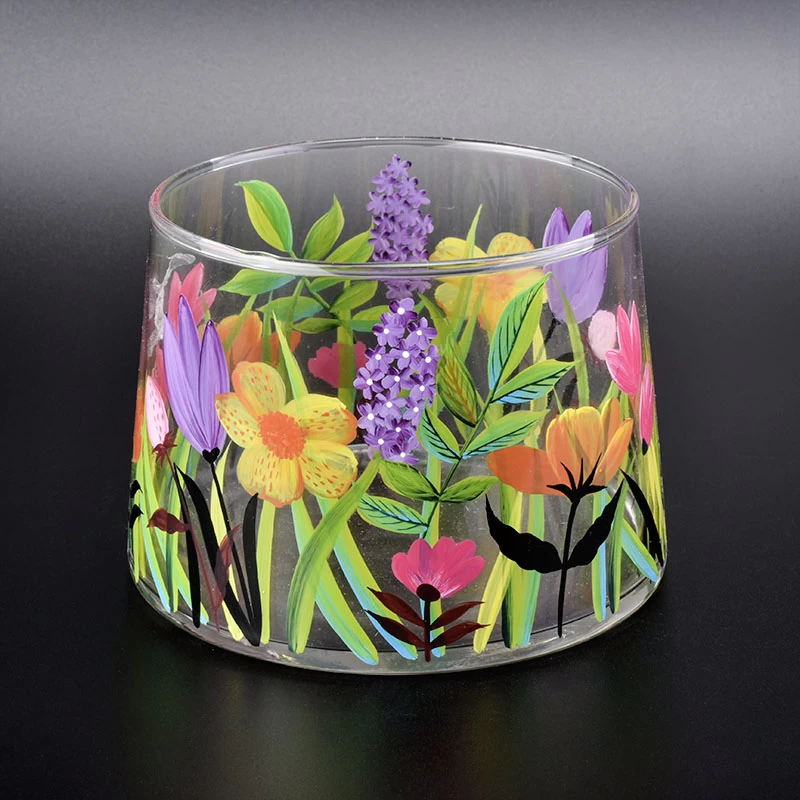 glass vessel with flower hand painting 24 oz capacity