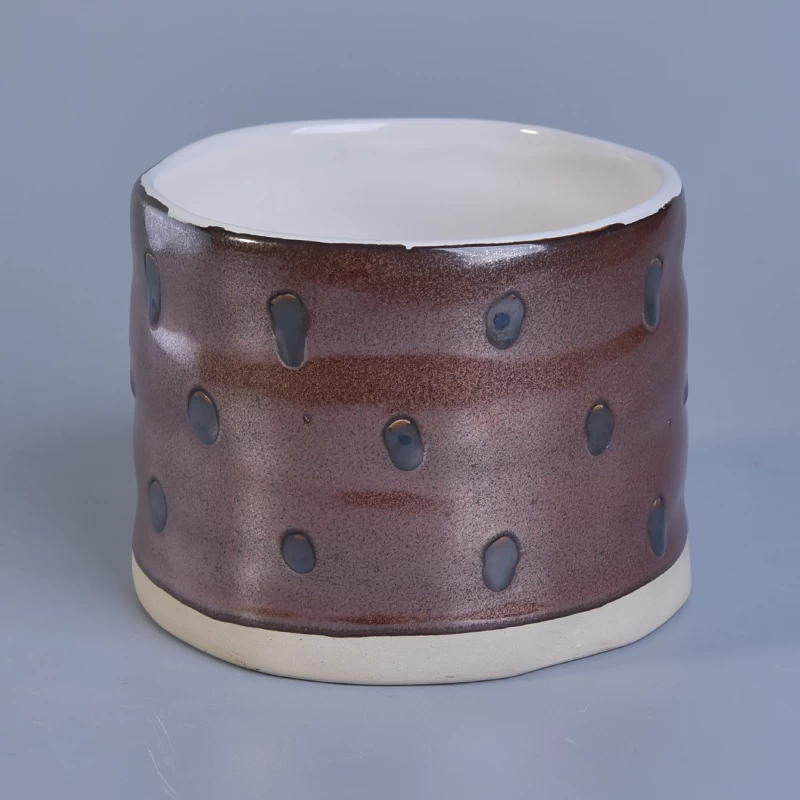 Chocolate brown cake like hand painted black dots ceramic candle jars