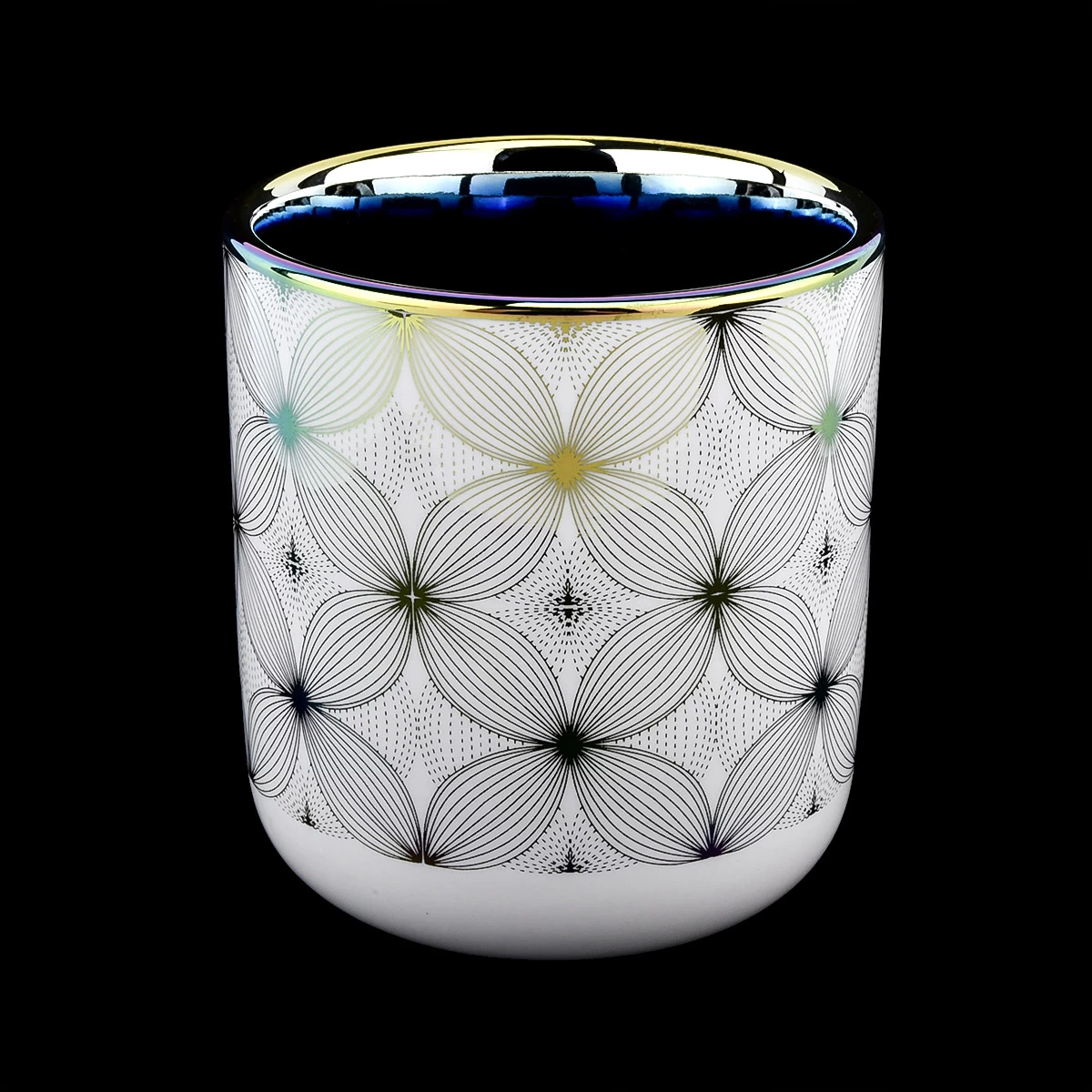 new electroplating ceramic candle jars Item No .: SGXYT20112716 Top dia: 88mm Bottom dia: 45mm Height: 98mm Weight: 309g Capacity: 405ml  MOQ: 3000 pieces new electroplating ceramic candle jars