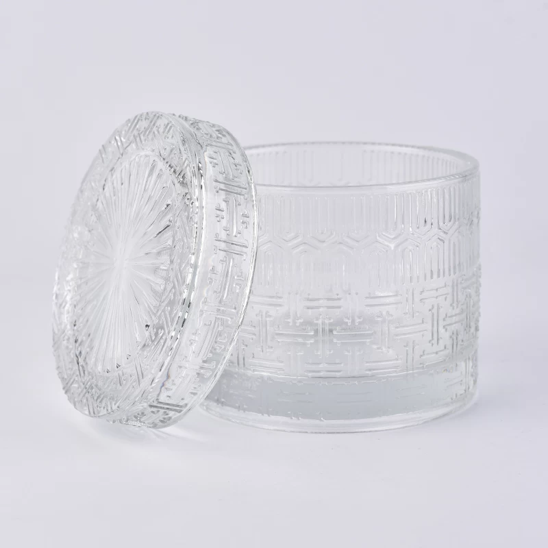 Emboss pattern 10oz filling glass candle holder with lid
