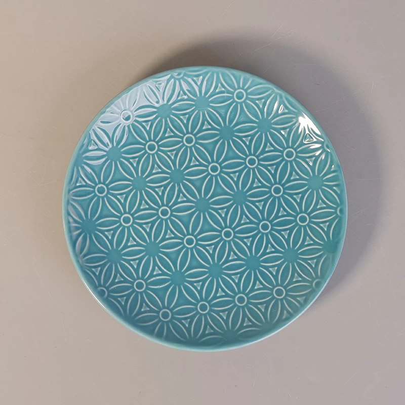 Dia 19cm Blue Glazed Round Ceramic Plates Saucers with Flower Design