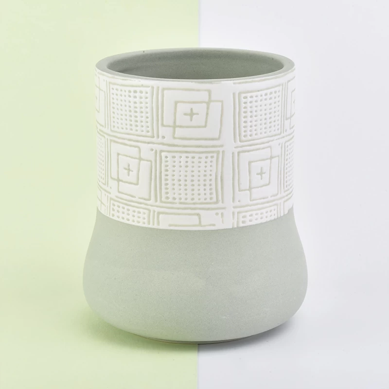 Home decoration cylinder round bottom totem pattern green ceramic candle jar
