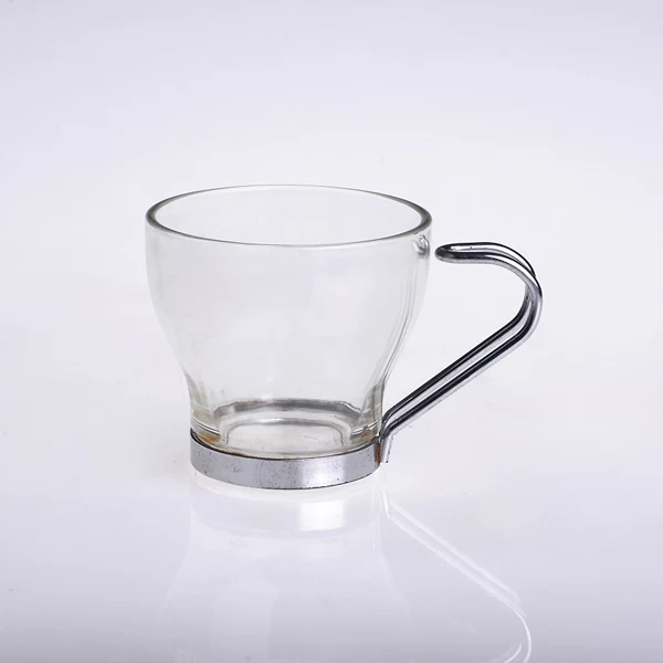 glass mug with metal handle