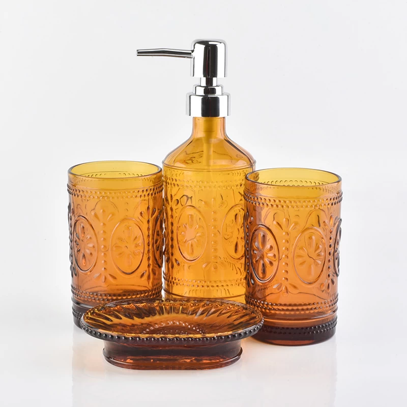 Amber glass bottles, tumblers, soap dish for bathroom for hotel
