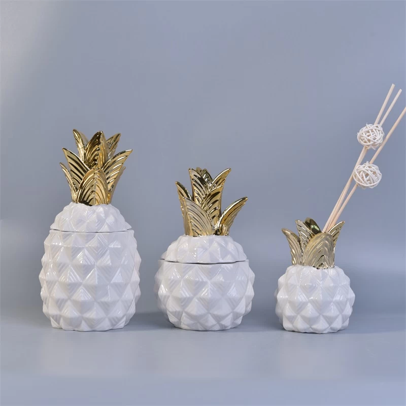 Pineapple Ceramic Candle Jars with Leaf Lids for Home or Wedding Deco
