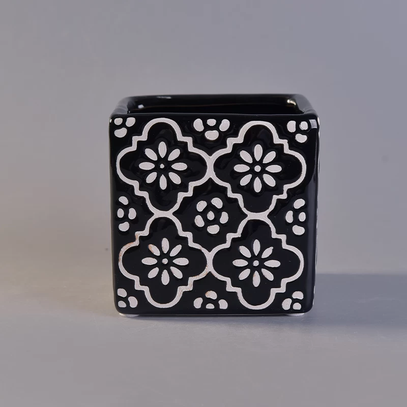 New arrived black square ceramic candle holder with custom print