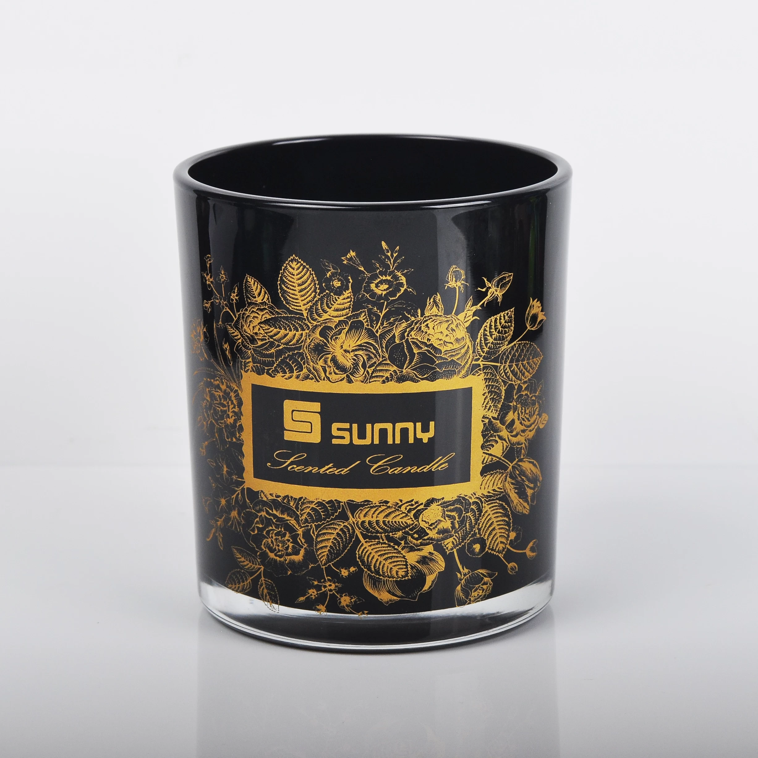 Black Candle Glass Jar With Gold Decoration