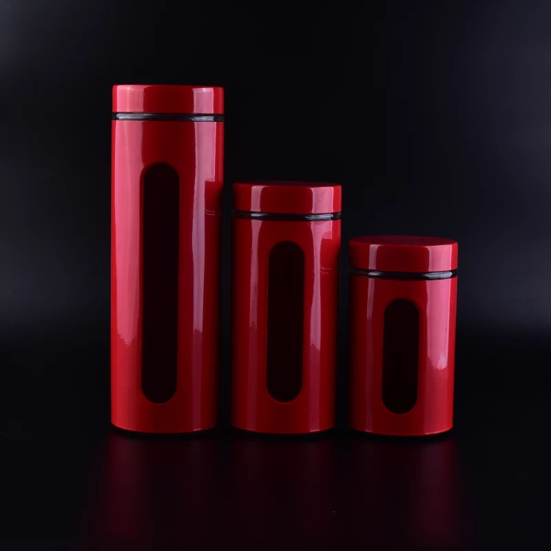 Regular Stock Glass Canister with Painted Iron Coat & Lid in Different Sizes and Colors