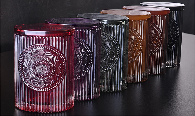 10oz Colored candle containers with lids oval-shape embossed round flower design 