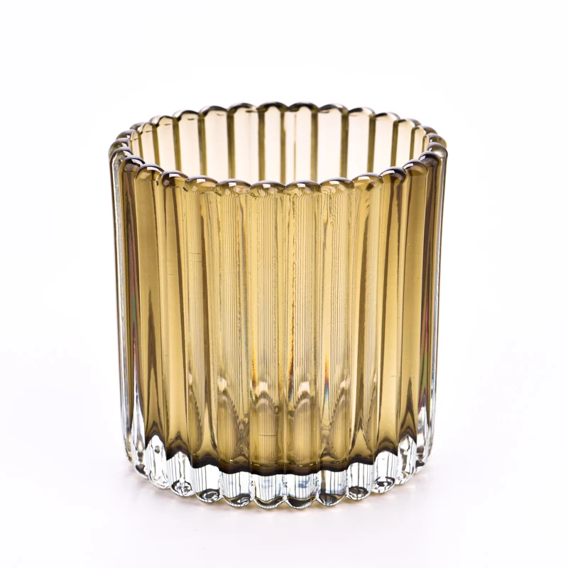 中国 12盎司琥珀色玻璃烛台条纹玻璃容器供应商 制造商