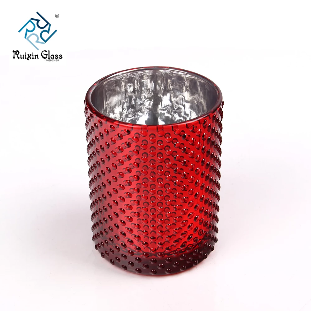 Red Cylinder 10OZ Diamond Pattern Candlestick Holder Supplier