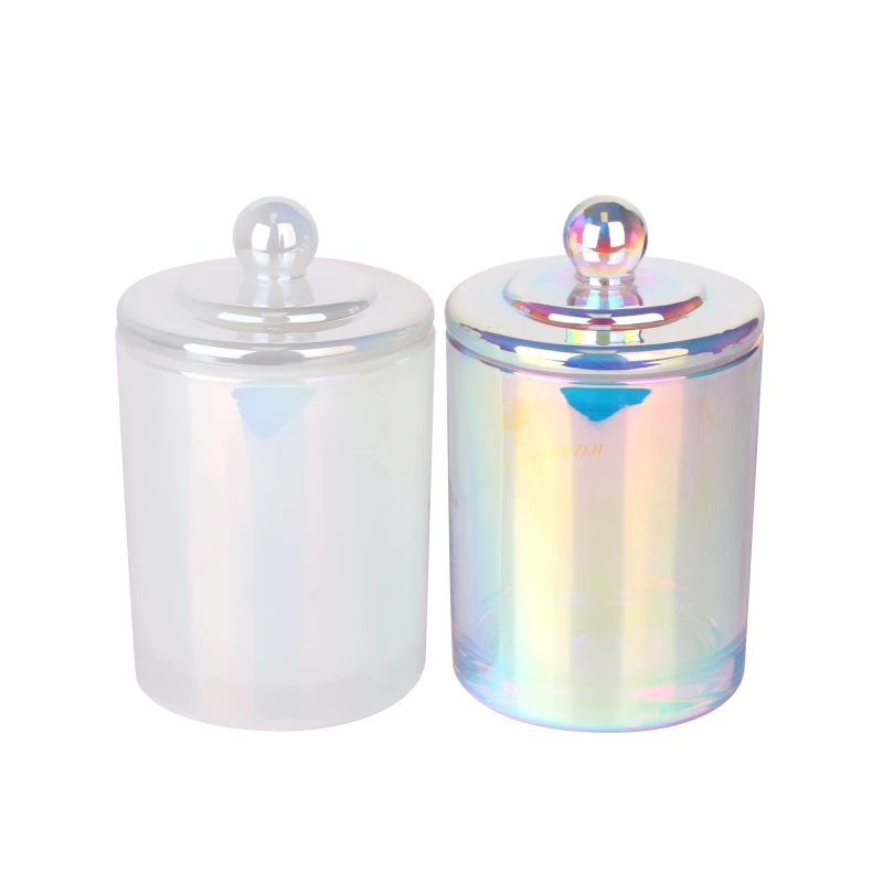 12oz Electroplated Iridescent Tinted White Candle Glass Jar Empty For Candle Making With Lid