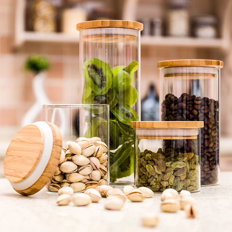 Contenitore per alimenti in vetro borosilicato con coperchi in legno