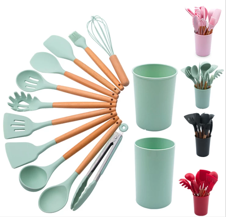 China Eco-Friendly Hot Selling 12pcs Silicon Kitchen Utensil Set with Bucket Cooking Utensil with Wood Handle manufacturer