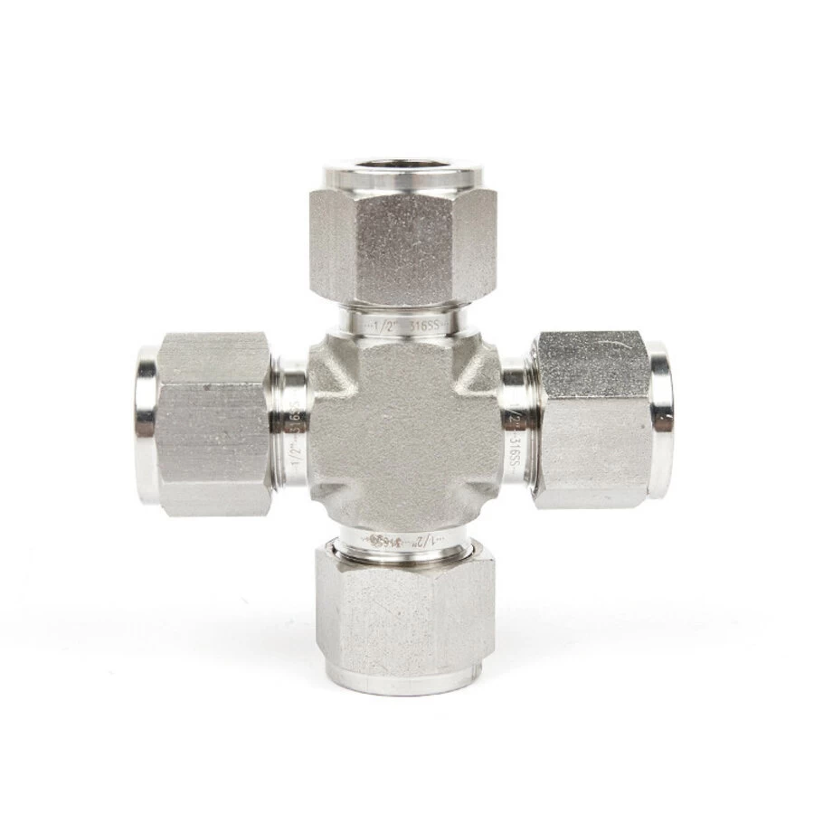 China 17 Stainless Steel Double Ferrules Metric Tube Fittings 4-Way Union Cross 2mm to 38mm fabricante