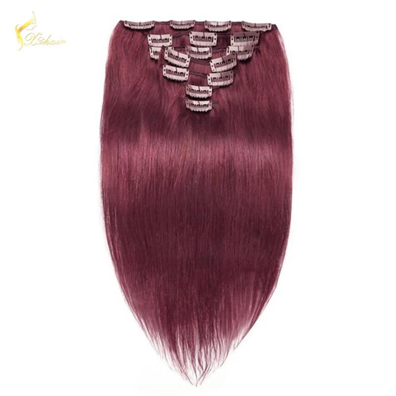 porcelana 8A grade Wholesale Price 100% remy Indian Straight Wave 99j# Clip in hair extension fabricante