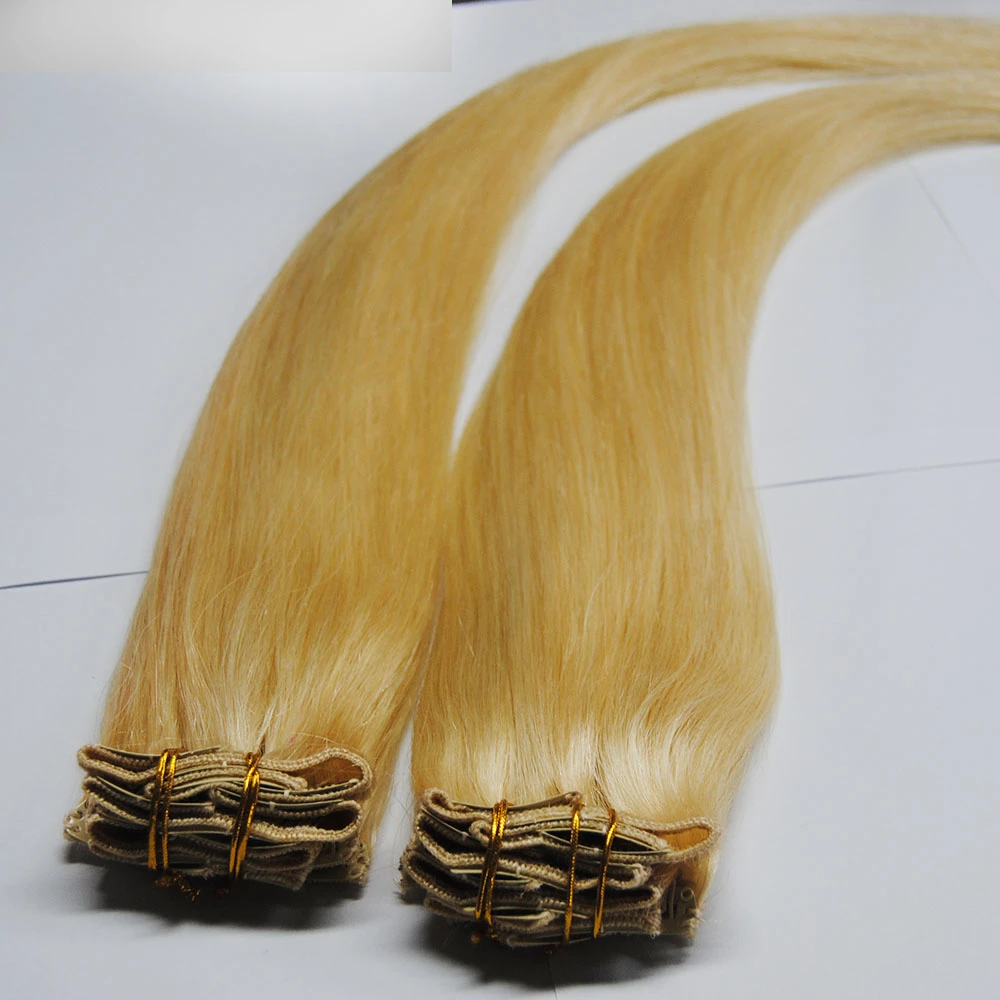 ダブル描かれた100％人毛エクステンションクリップ髪ゴールドブロンド色の髪