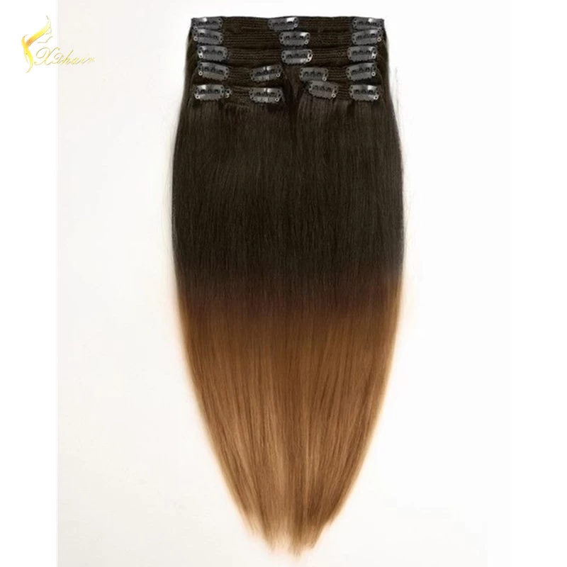 중국 Wholesale alibaba new products fashion sell well full head ombre two tone color clip on human hair extension for black women 제조업체