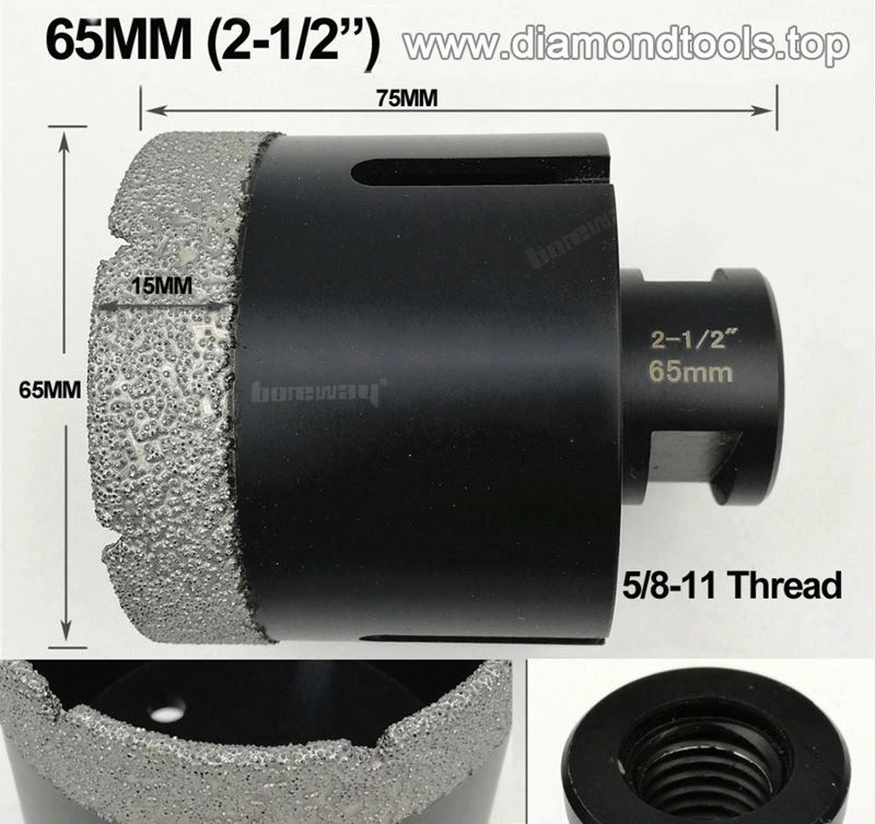 2-1 / 2 "punte per anima diamantate brasate sottovuoto da 65mm con attacco filettato 5/8" -11 per marmo granito duro, gres porcellanato, ecc.
