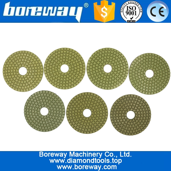 4inch 100 मिमी ग्रेनाइट संगमरमर कंक्रीट सिरेमिक के लिए 7 चरणों पीले वर्ग गीले उपयोग हीरा चमकाने पैड