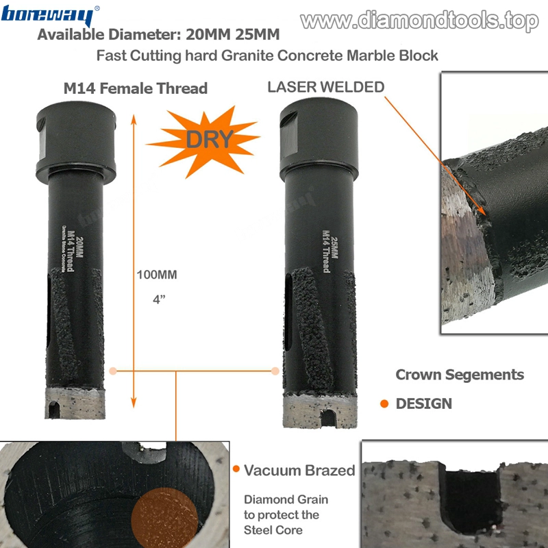 Lasergeschweißter Diamantkernbohrer Durchmesser 20 mm Trockenbohren mit Seitenschutz mit M14-Gewinde