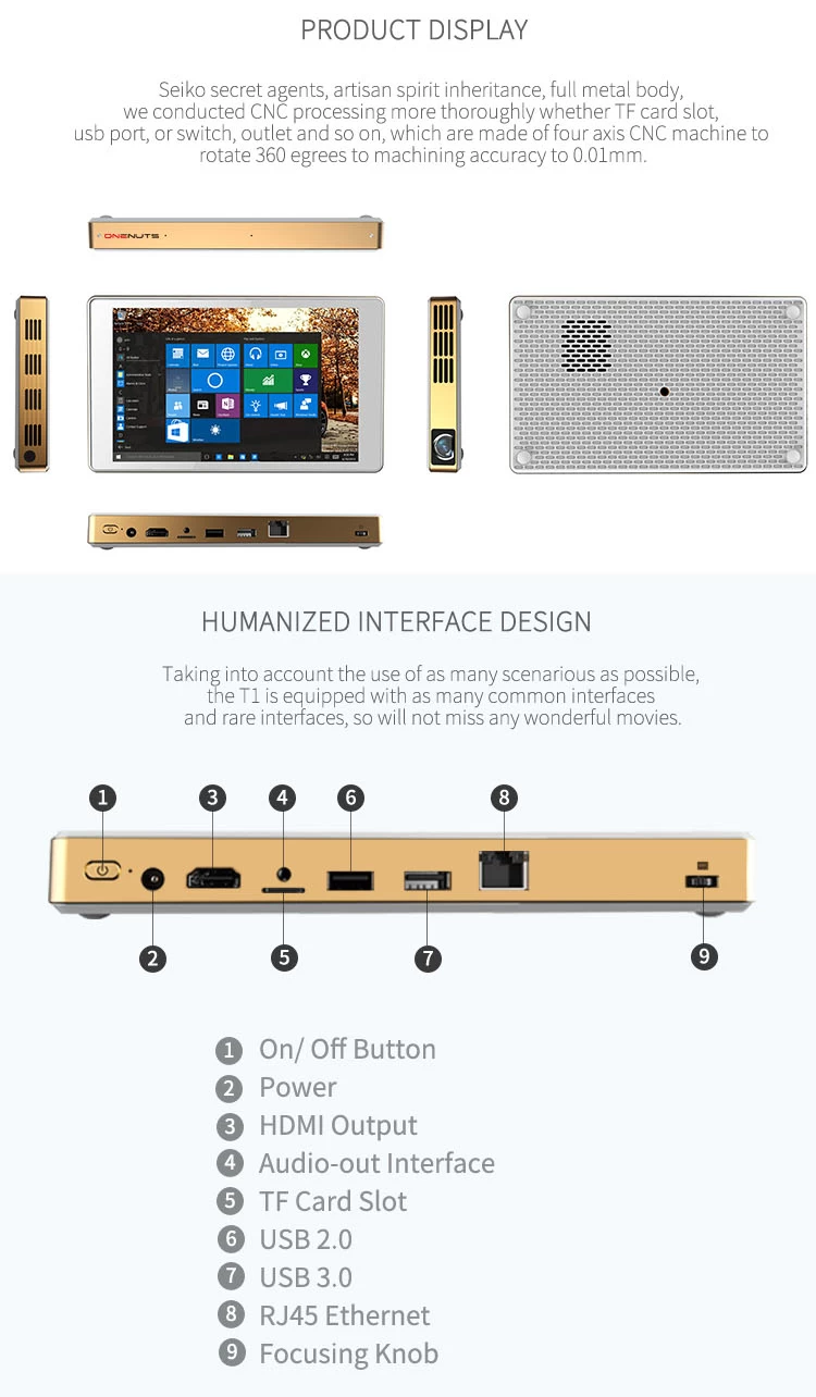 Onenuts Intel Quad Core Z8300 2-in-1 Full HD DLP Windows Mini Tablet Projector Home Theater Video LED Portable Projectors T1