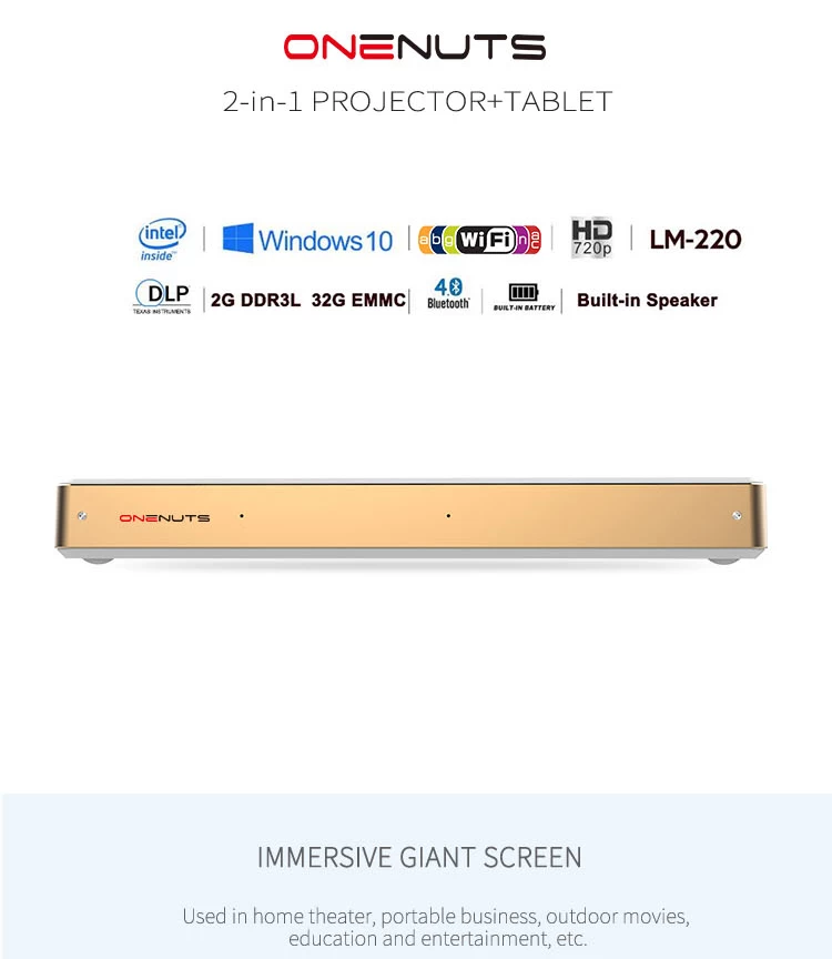 Windows 10 Projector, World First Mini PC 2 in 1, Mini PC Protable Tablet Projector Onenuts T1