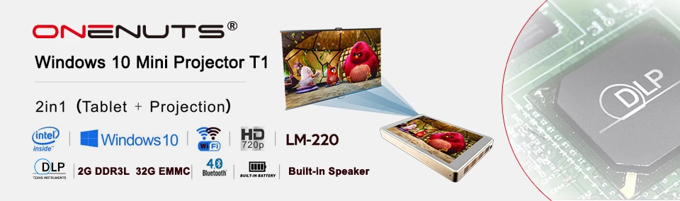 Onenuts Intel Quad Core Z8300 2-in-1 Full HD DLP Windows Mini Tablet Projector Home Theater Video LED Portable Projectors