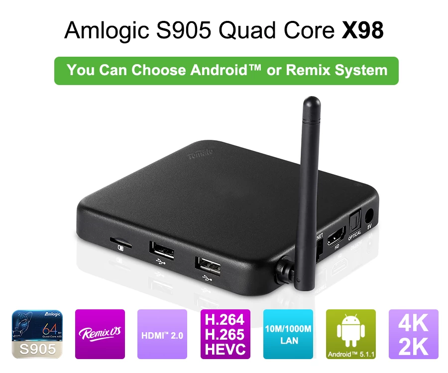 2 G + 32 G Amlogic S905 TV Box Remix OS поддерживает Google Интернет TV Box Quad Core X98(Remix)