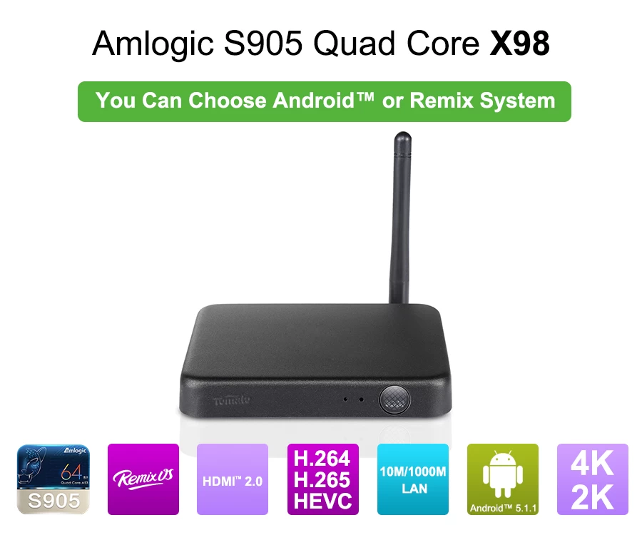 2 G + 32 ز S905 أملوجيك التلفزيون مربع ريمكس نظام التشغيل يدعم جوجل الإنترنت التلفزيون مربع رباعي X98(Remix)