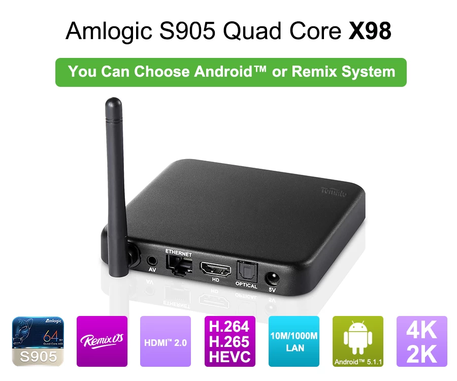 2 G + 32 G Amlogic S905 TV 상자 리믹스 OS 지원 Google 인터넷 TV 상자 쿼드 코어 X98(Remix)