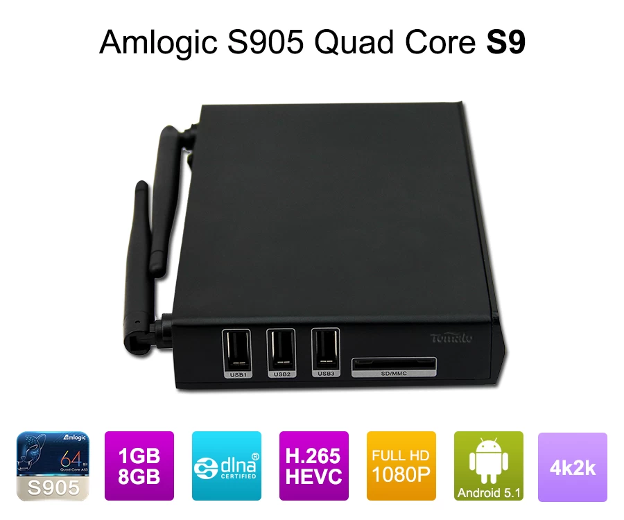 Amlogic S905 쿼드 코어 안 드 로이드 5.1 롤리팝 1G 8G 4 K 2 K UHD 출력 미디어 플레이어 S9