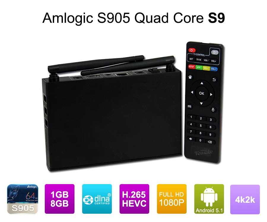 Amlogic S905 TV Box ARM Cortex-A53 CPU حتى 2.0 GHz Android 5.1 Lollipop 1G / 8G 4K2K Android Tv Box Media Player S9