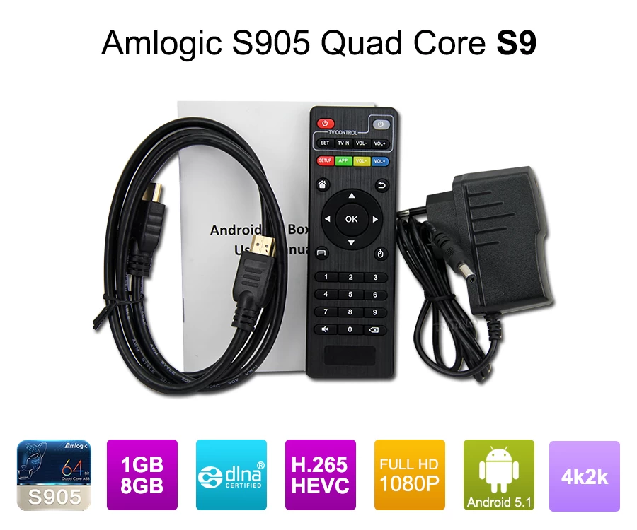 Amlogic S905 TV Box ARM Cortex-A53 CPU fino a 2,0 GHz Android 5.1 Lollipop 1G / 8G 4K2K Android TV Box Media Player S9