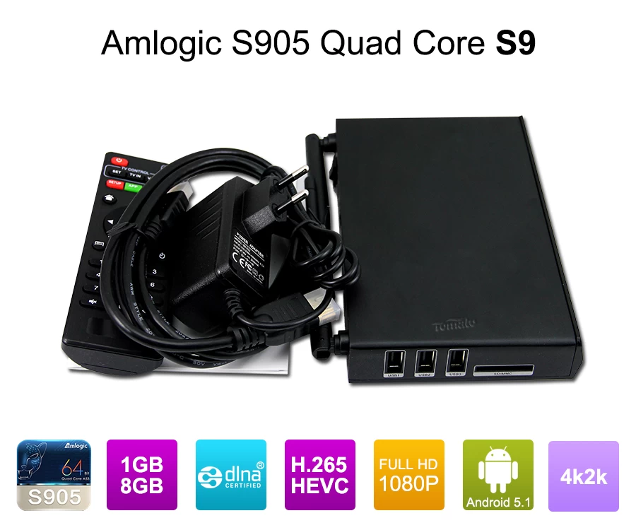 Amlogic S905 TV Box ARM Cortex-A53 CPU fino a 2,0 GHz Android 5.1 Lollipop 1G / 8G 4K2K Android TV Box Media Player S9