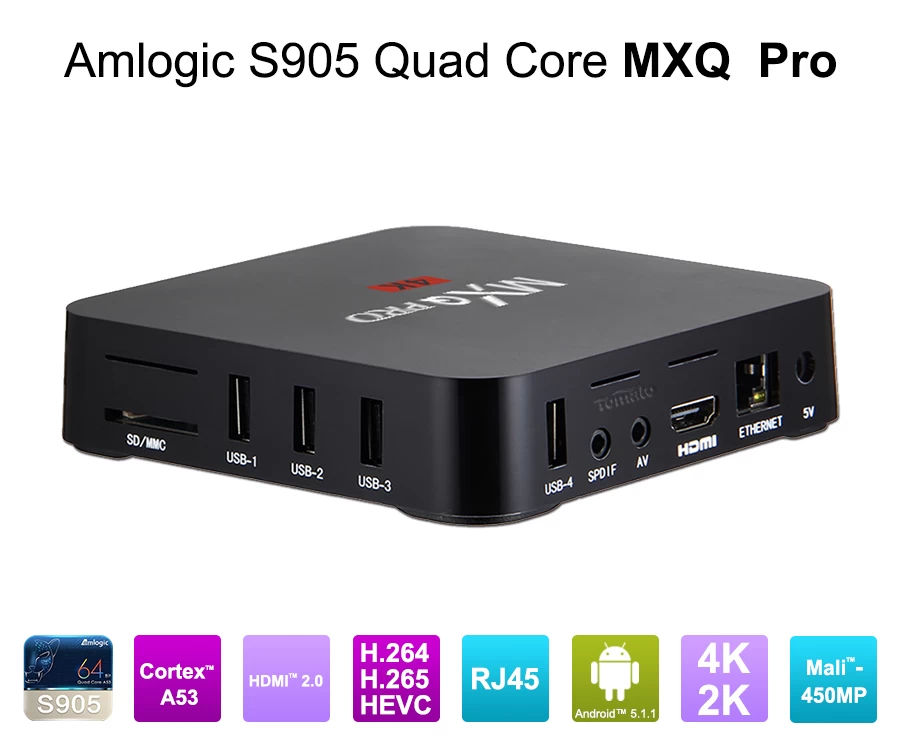 Android 5.1 Amlogic S905 Core Quad Full HD Media Player 1080p Android TV Box boîte de cœurs de Kodi16.0 MXQ Pro