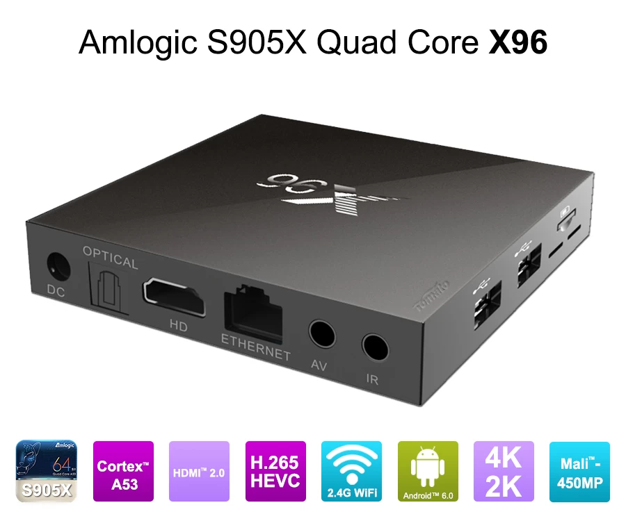 أحدث S905X أملوجيك التلفزيون مربع الروبوت 6.0 نظام التشغيل أملوجيك S905X التلفزيون مربع رباعي أوت التلفزيون VP9 مربع H.265 الذكية التلفزيون مربع X 96