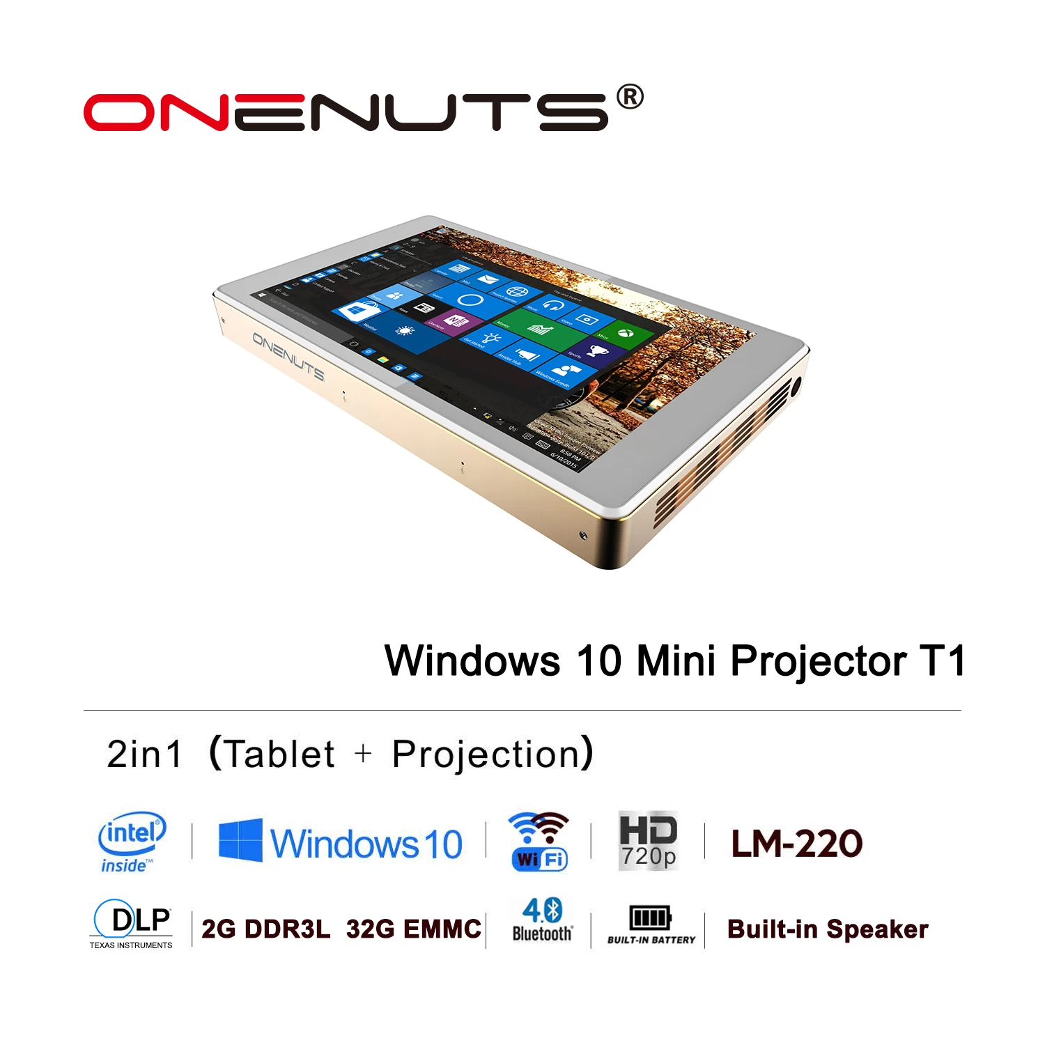 Onenuts 英特尔四核 Z8300 二合一全高清 DLP Windows 迷你平板电脑投影仪家庭影院视频 LED 便携式投影仪 T1