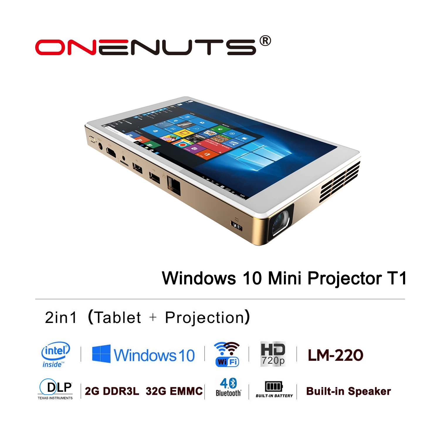 Onenuts 英特尔四核 Z8300 二合一全高清 DLP Windows 迷你平板电脑投影仪家庭影院视频 LED 便携式投影仪 T1
