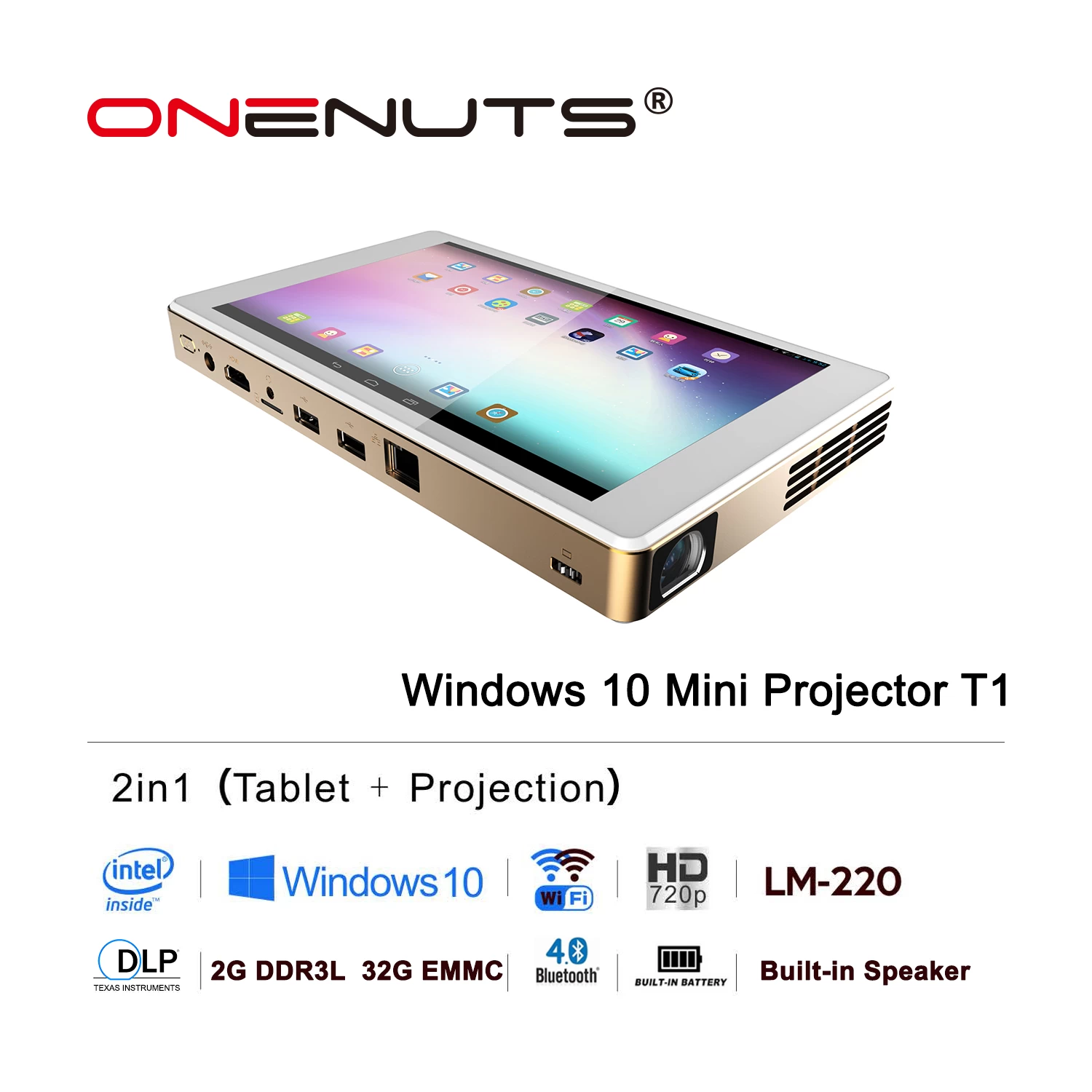 Onenuts Intel Quad Core Z8300 2-in-1 Full HD DLP Windows Mini Tablet Projector Home Theatre Video LED Portable Projectors T1